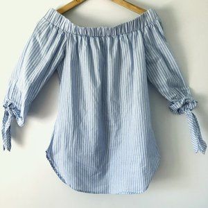 Light blue and white striped shoulder blouse